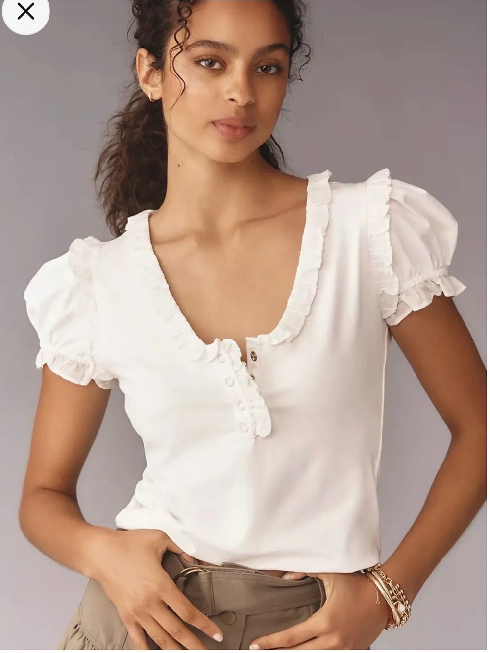 Maeve by Anthropologie White Ruffle-Trim Puff Sleeve Top